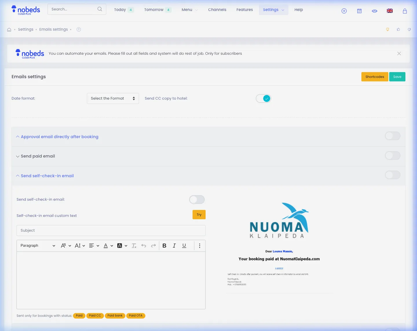 Nobeds Automated Emails Settings