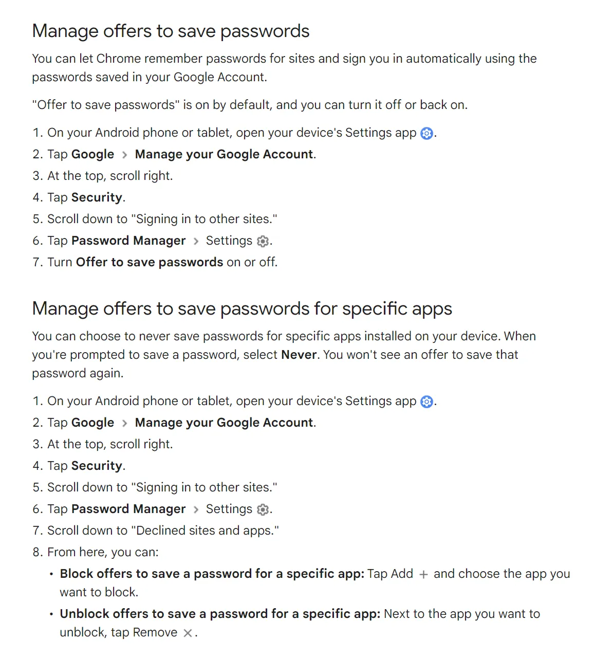 Android Password Manager settings