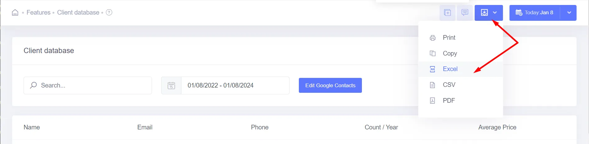 Export Clients Database Screen