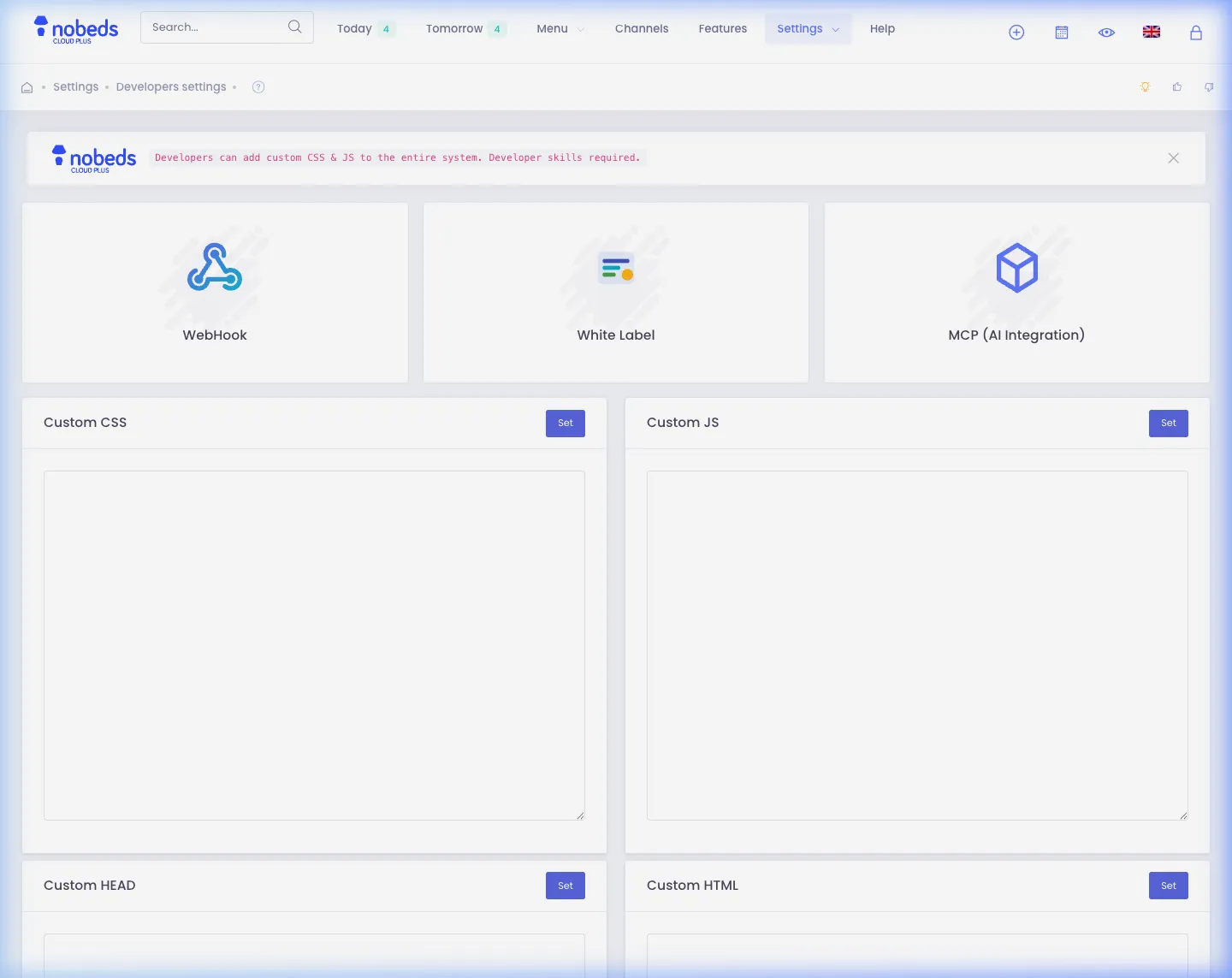 Nobeds API Settings