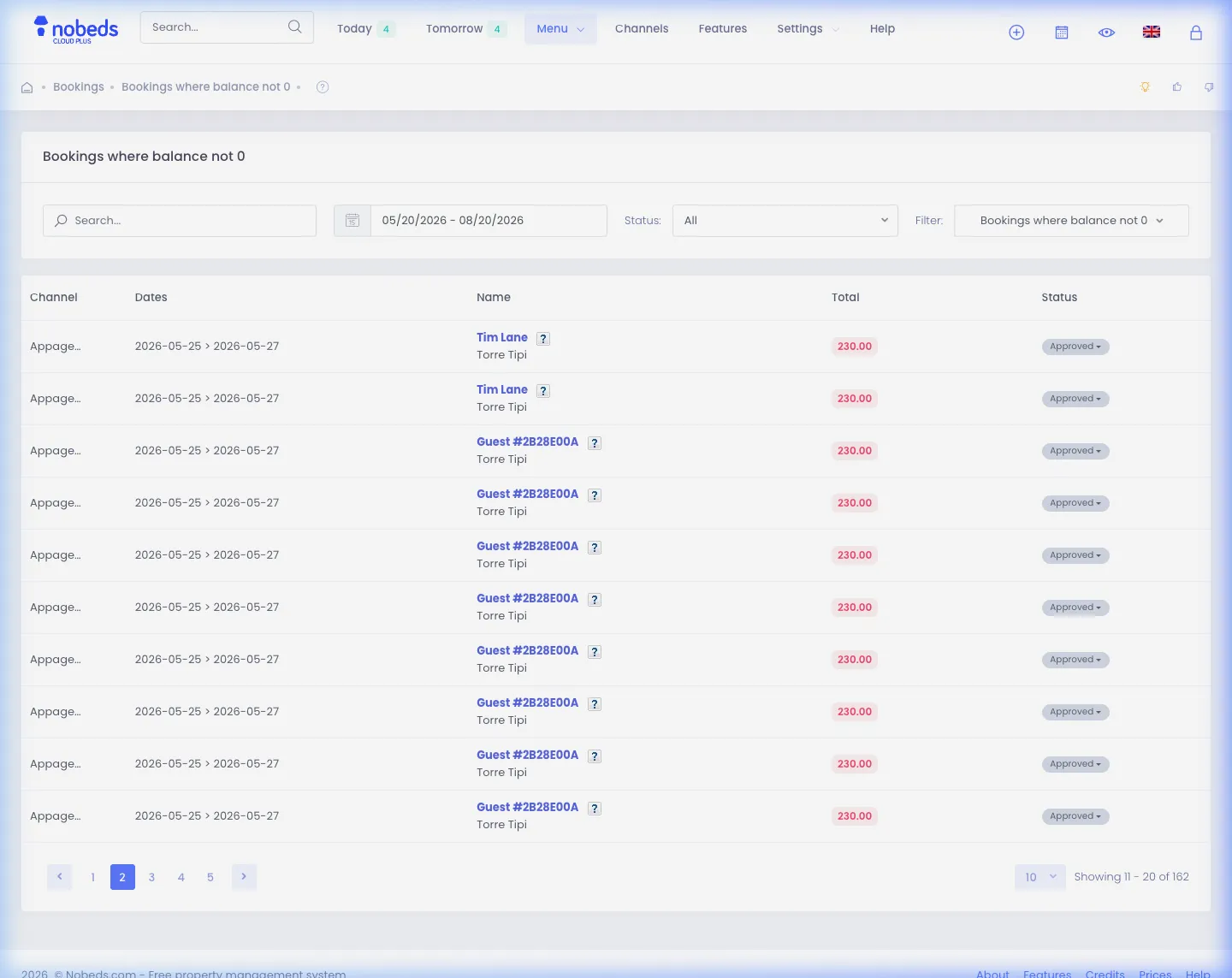 Nobeds Bookings Balance Filter