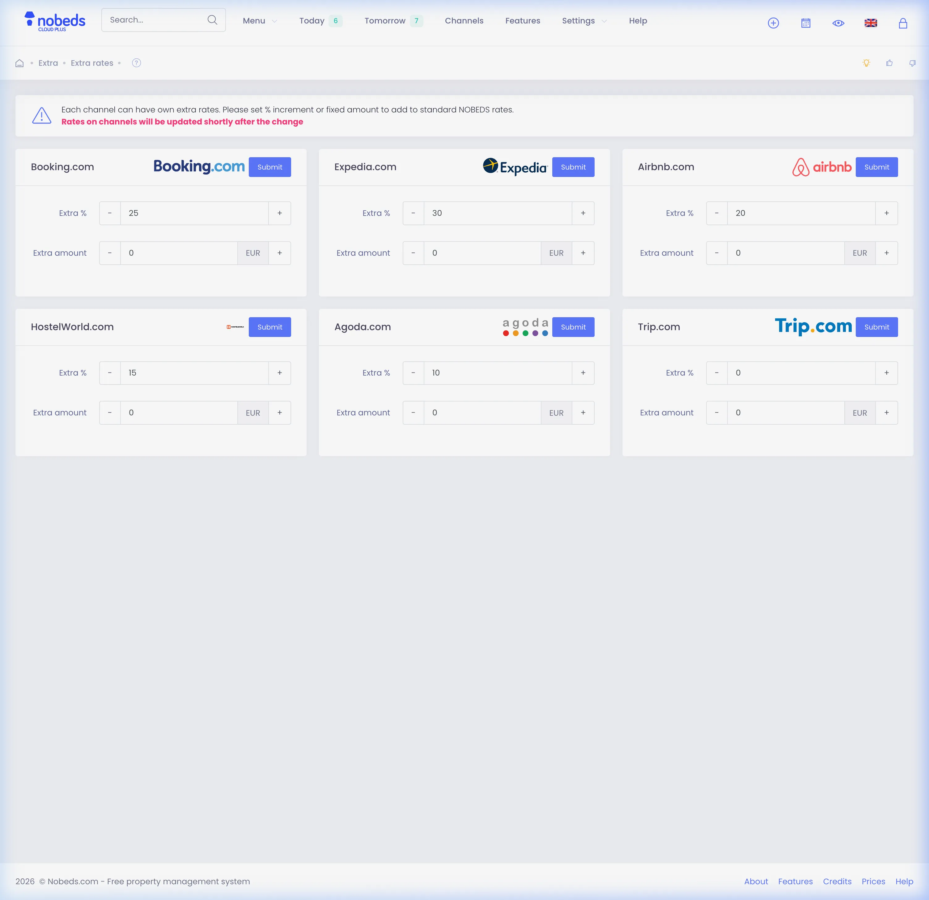 Extra Rates settings page