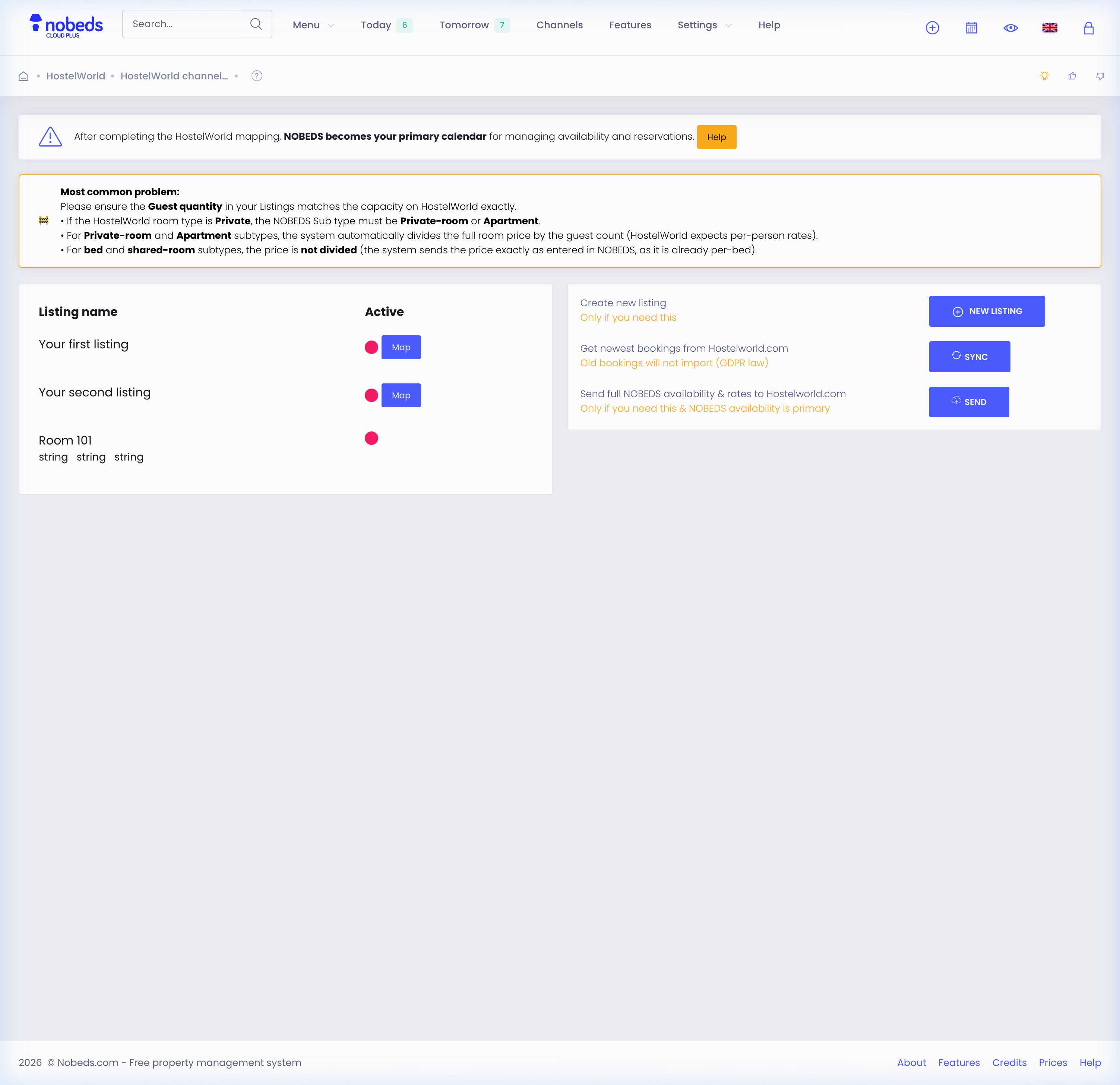 Hostelworld channel integration screen in NOBEDS