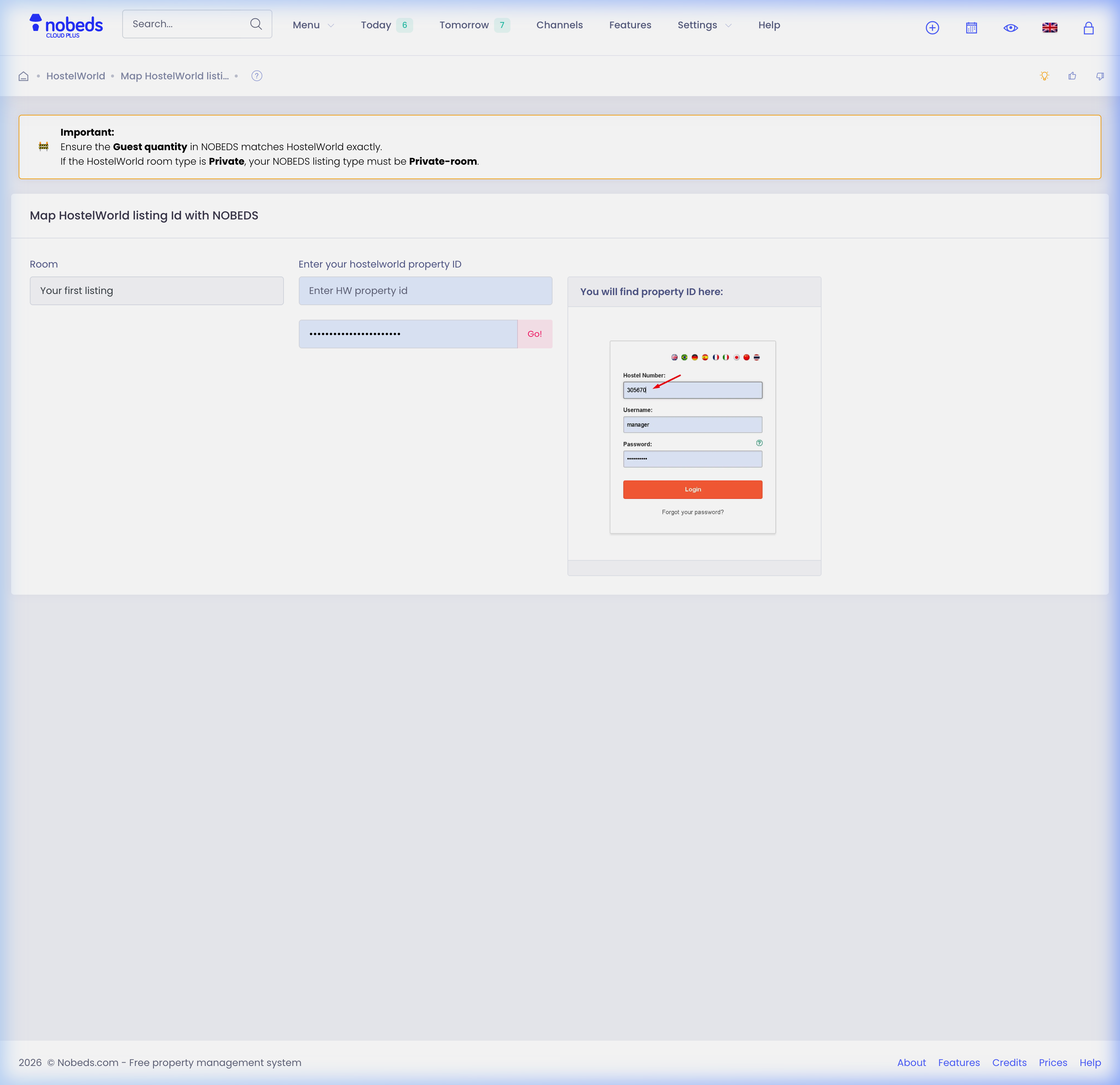 Room mapping configuration popup for Hostelworld