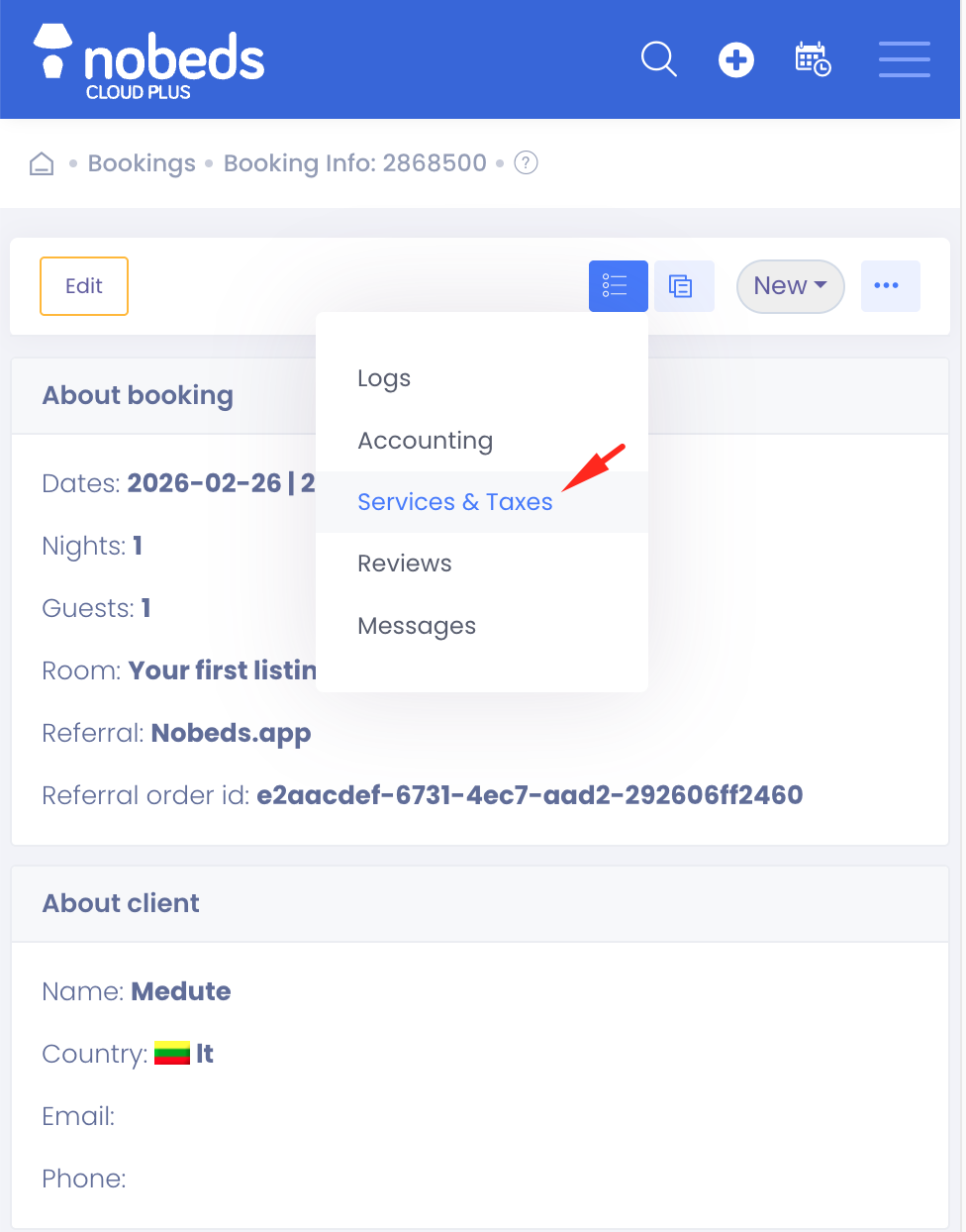 Services and Taxes menu