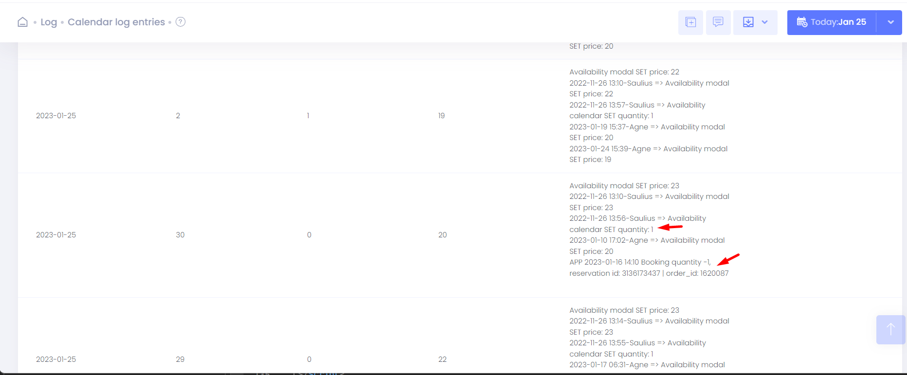 Calendar logs example
