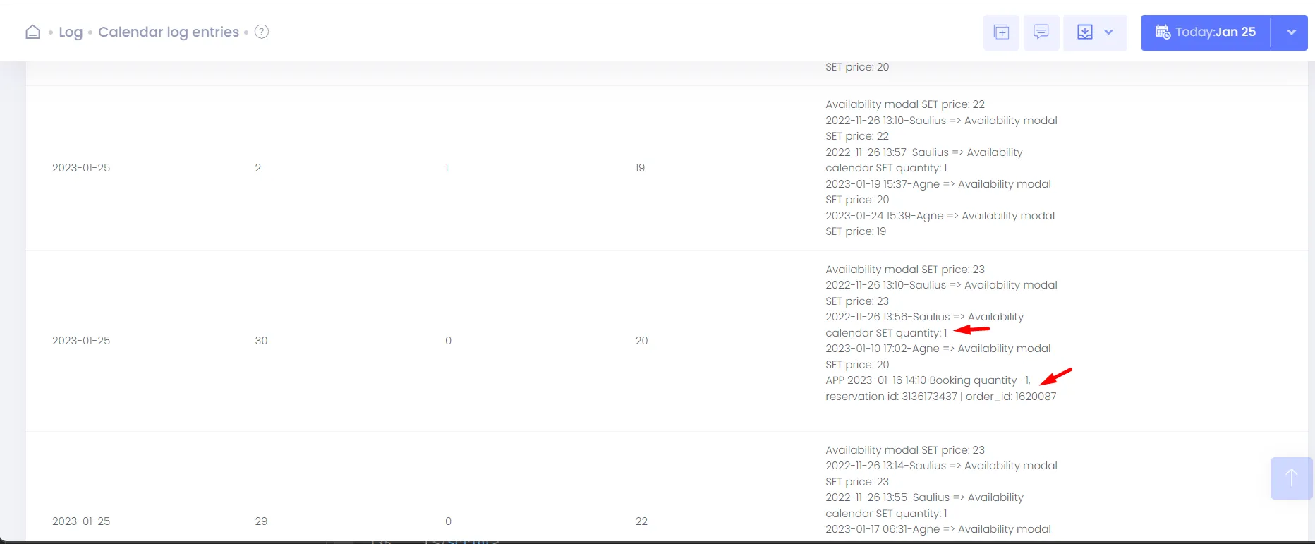 Calendar logs example