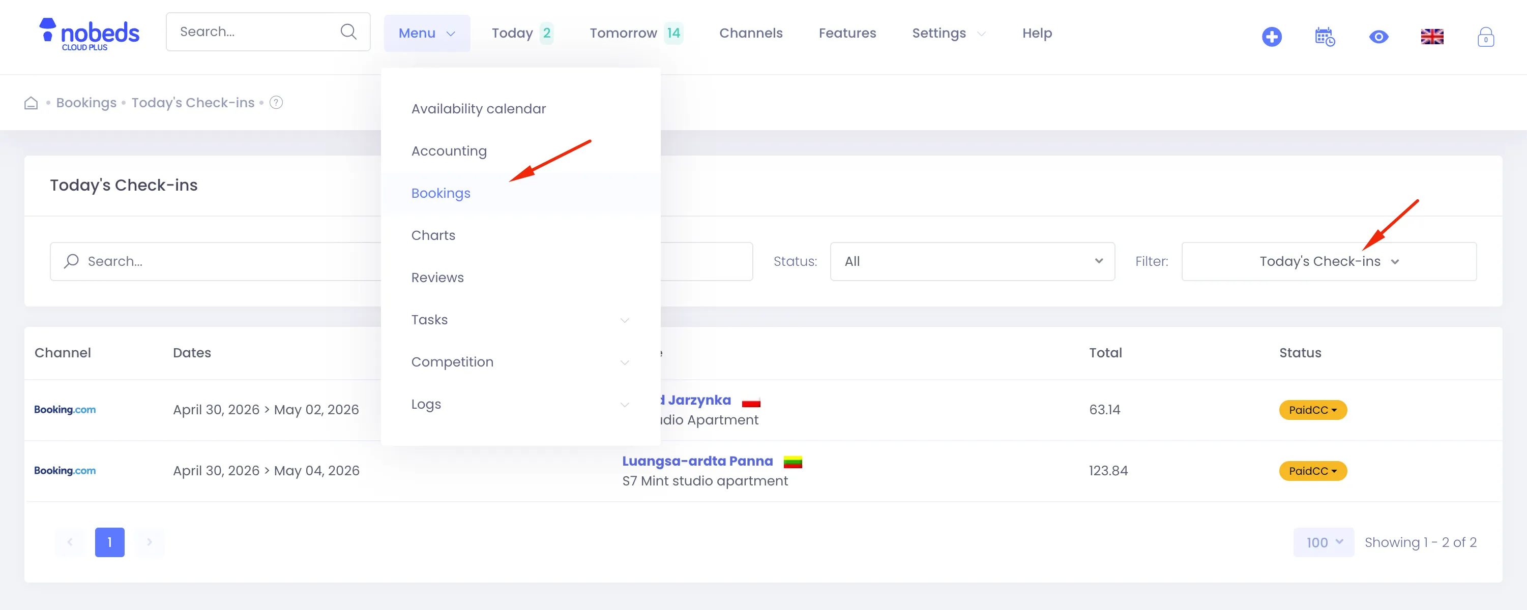 Filtered bookings list showing today's check-ins