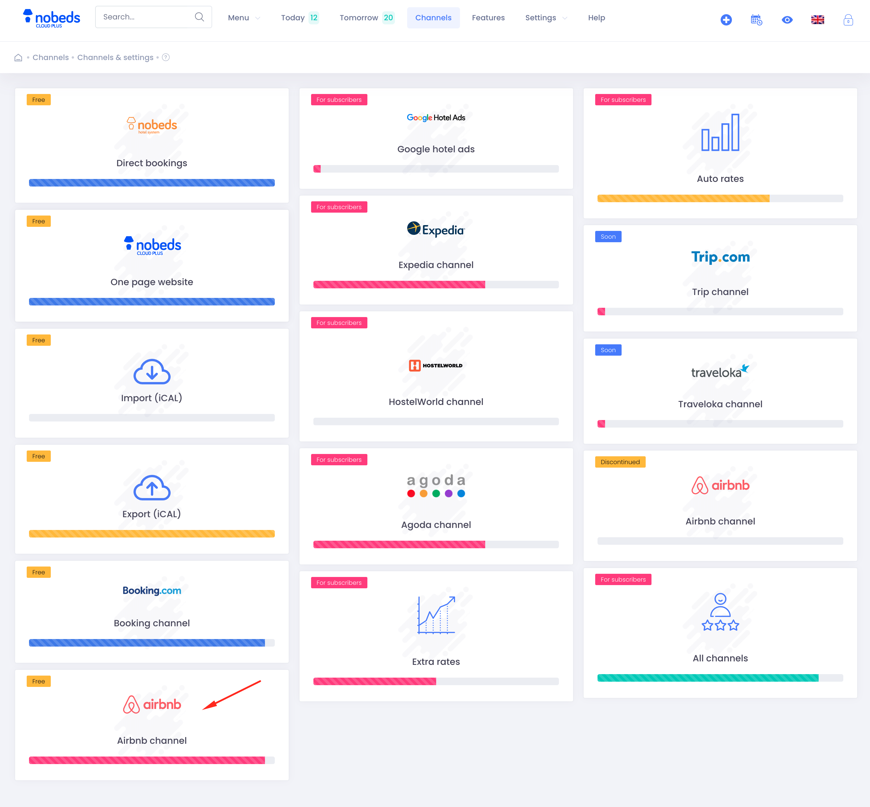 Channels selection screen