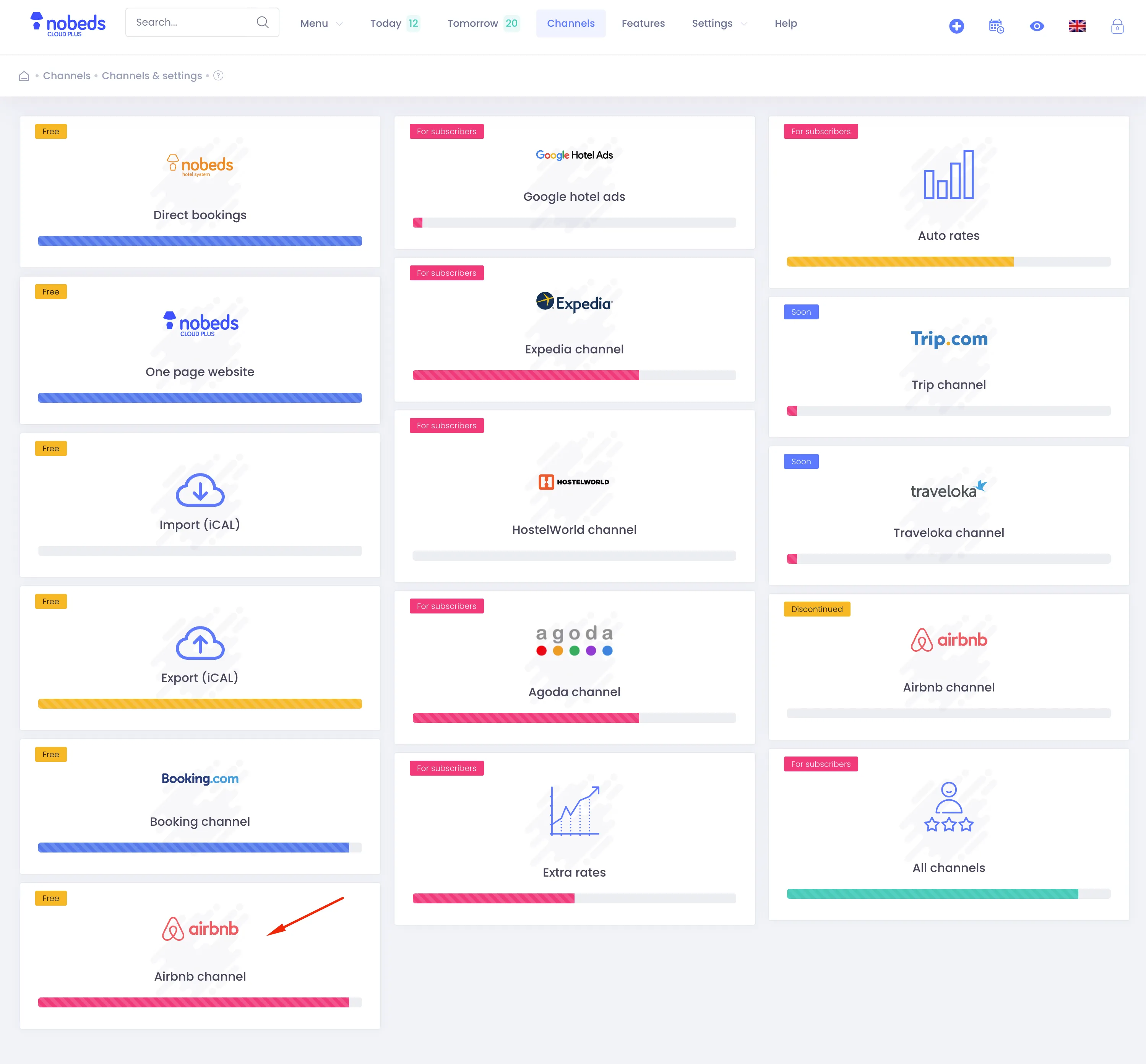 Channels selection screen
