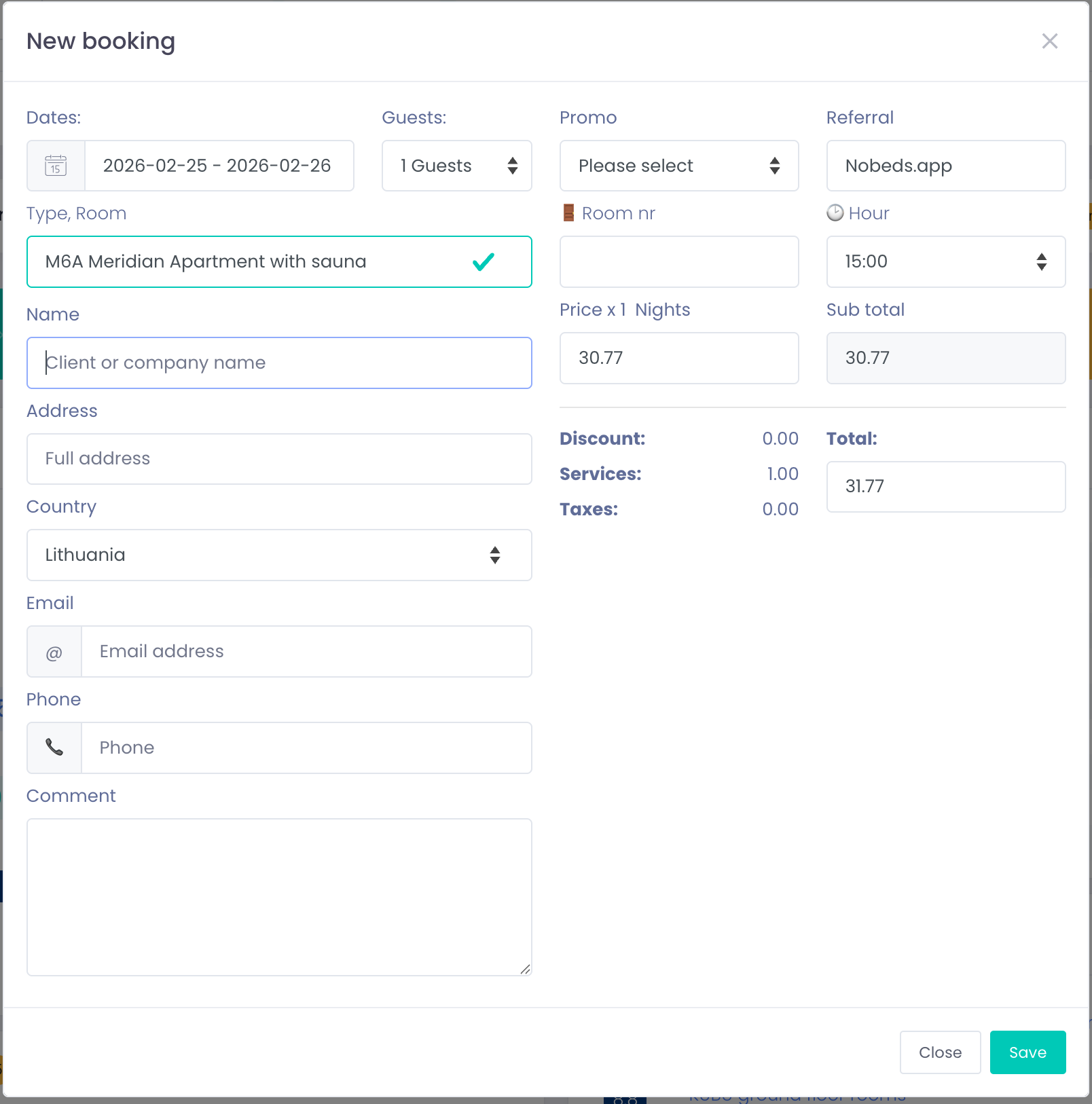 Booking form details