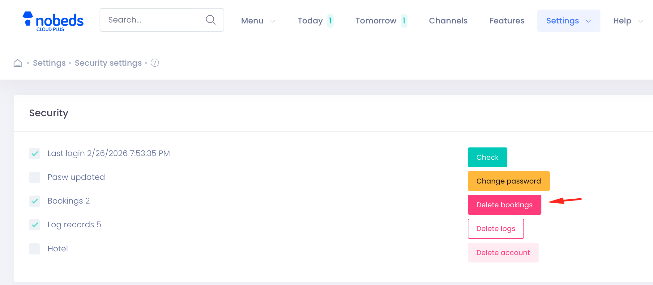 Delete Bookings Interface