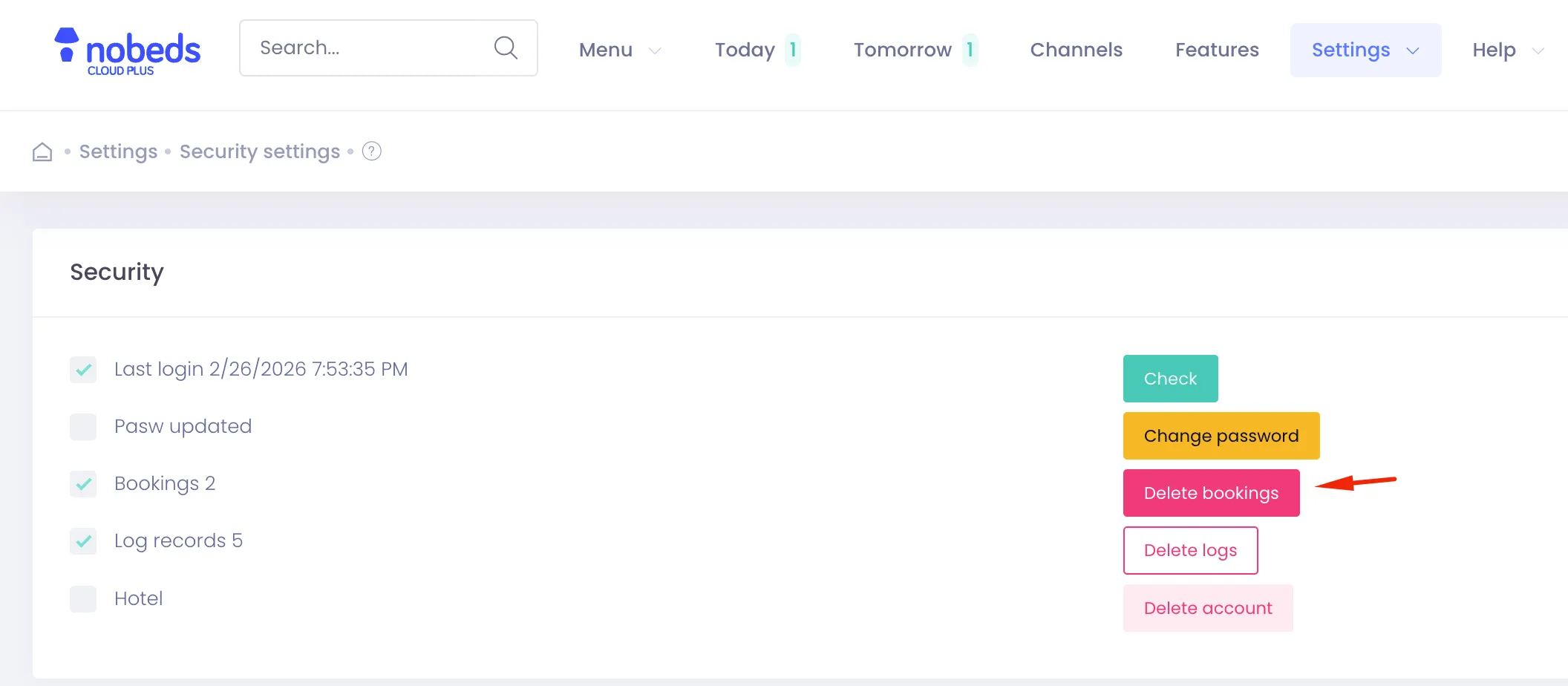 Delete Bookings Interface