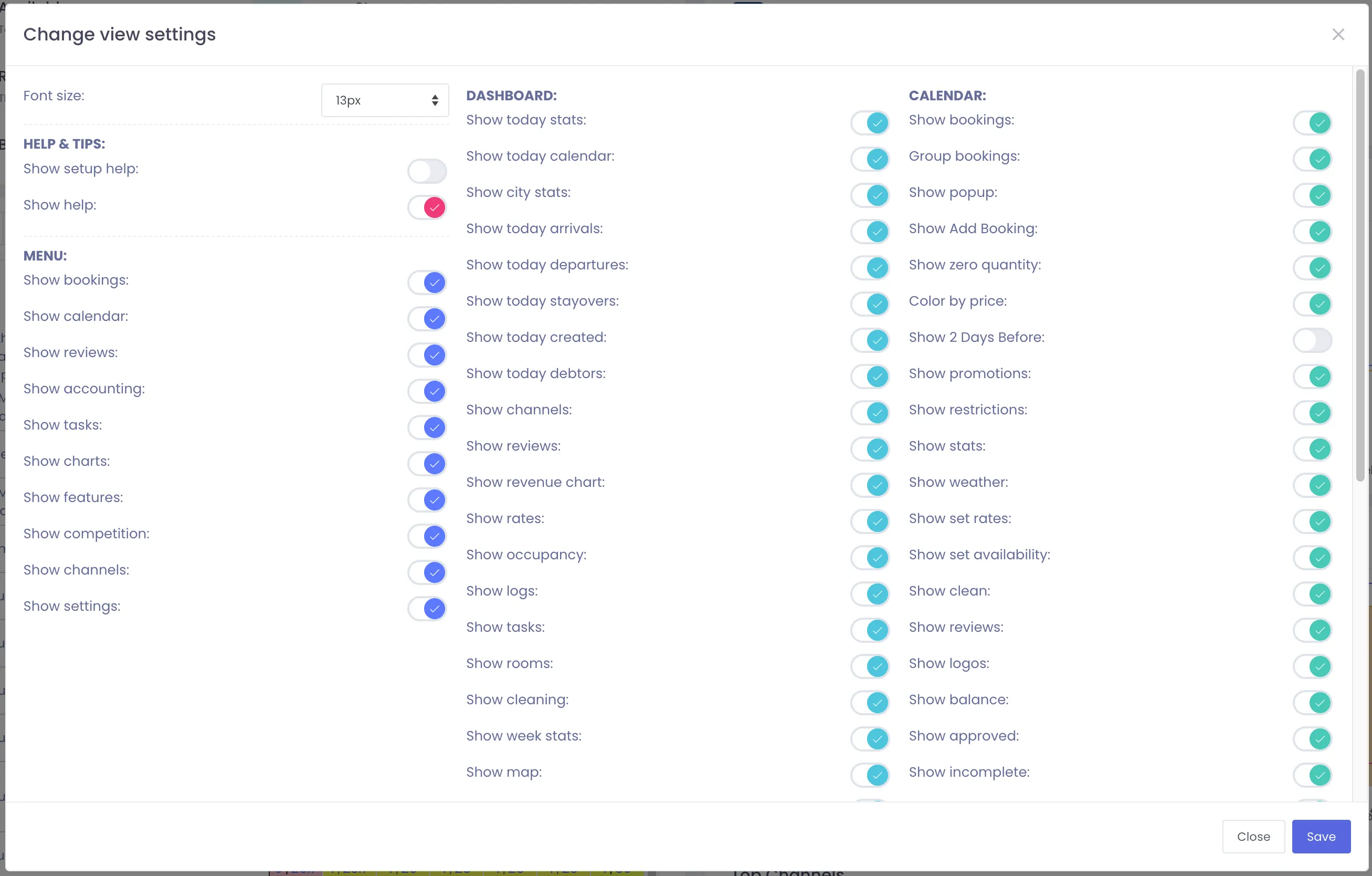 Change view settings modal