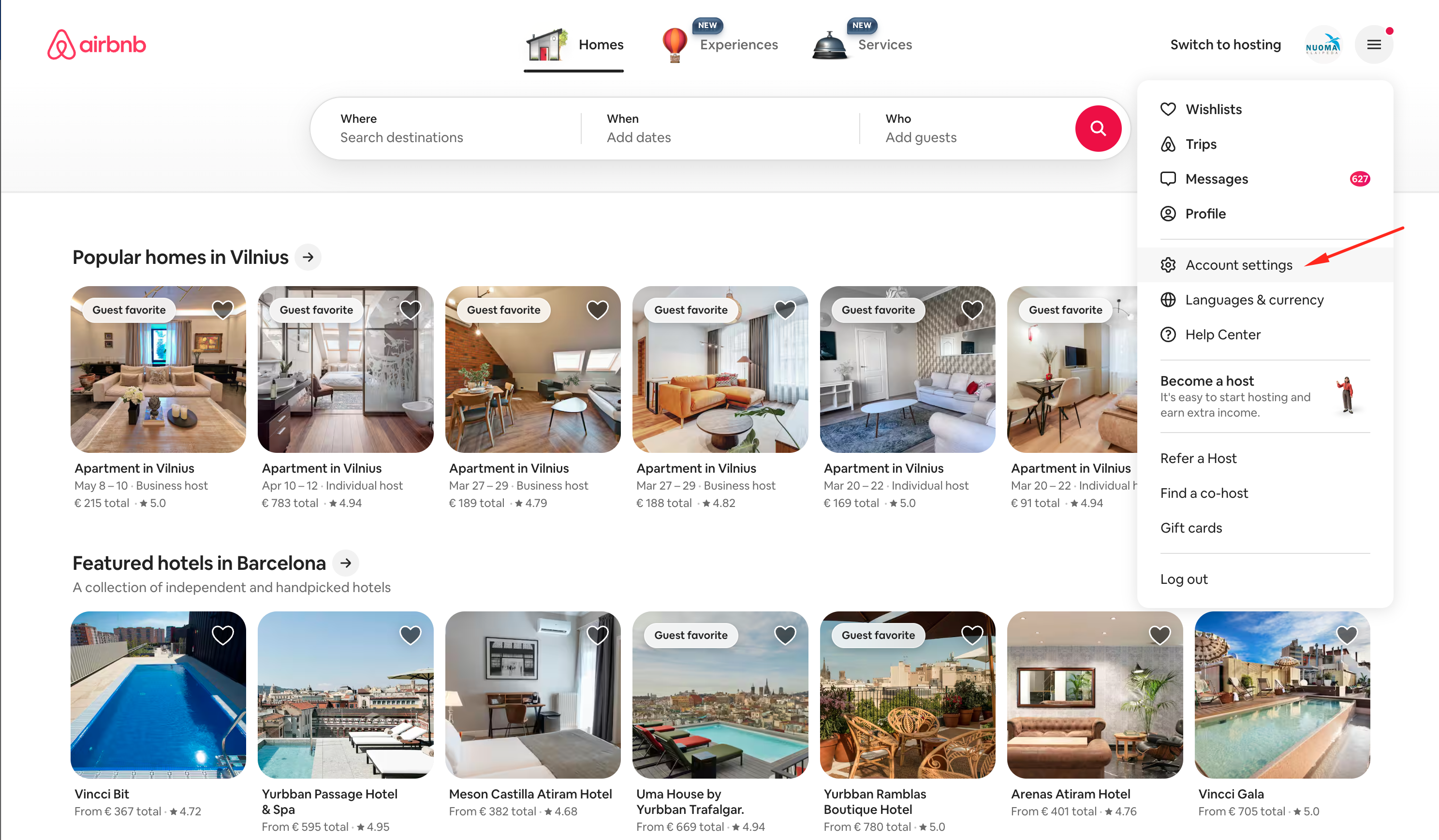 Airbnb Account Settings Menu