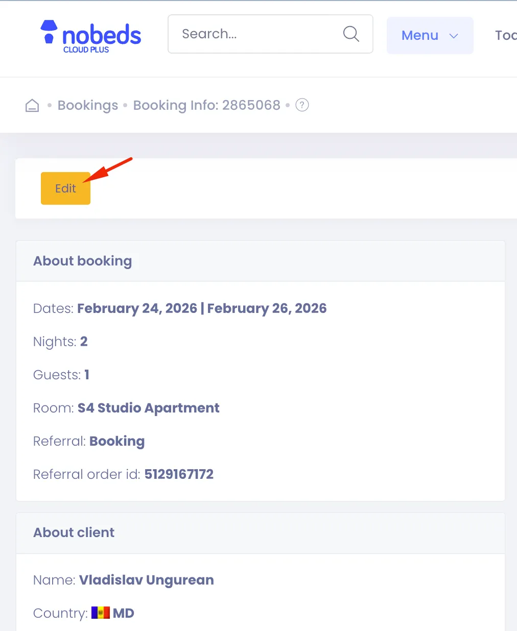 Booking edit button