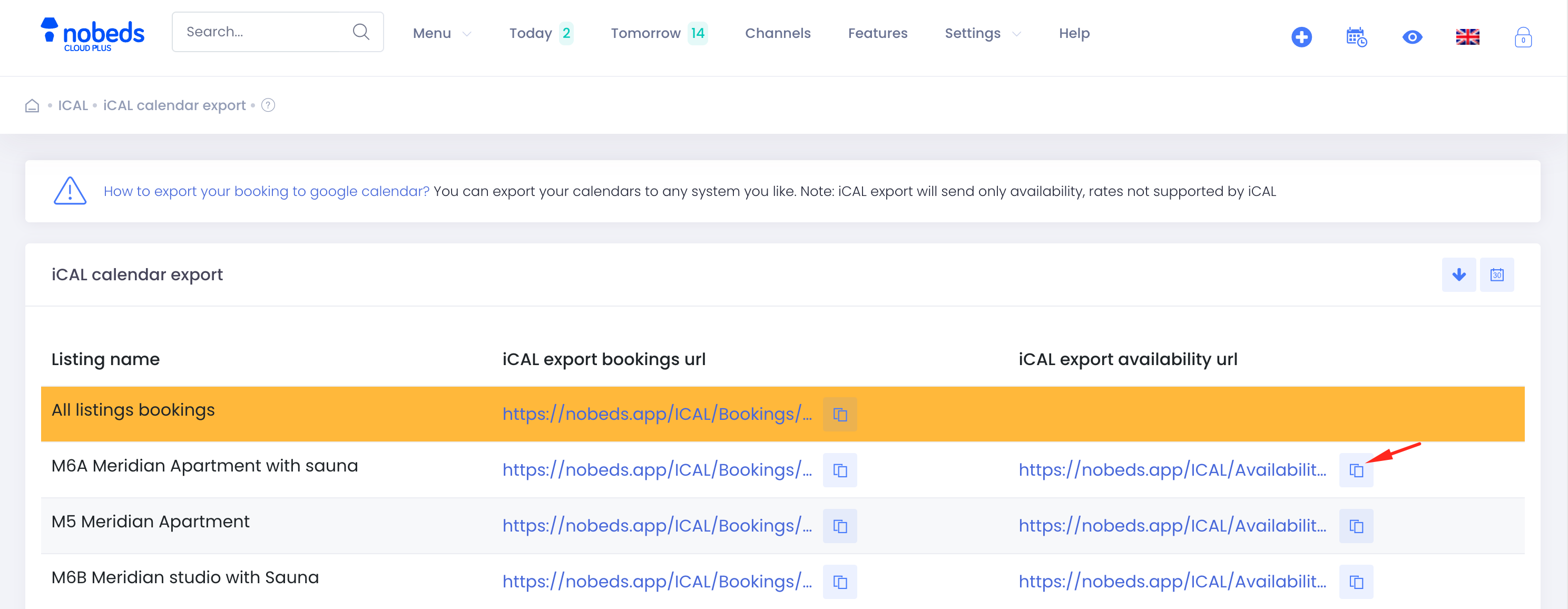 iCAL calendar export screen