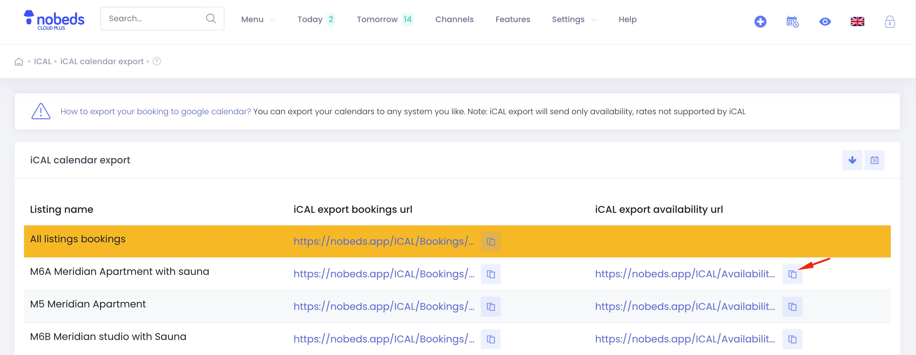 iCAL calendar export screen